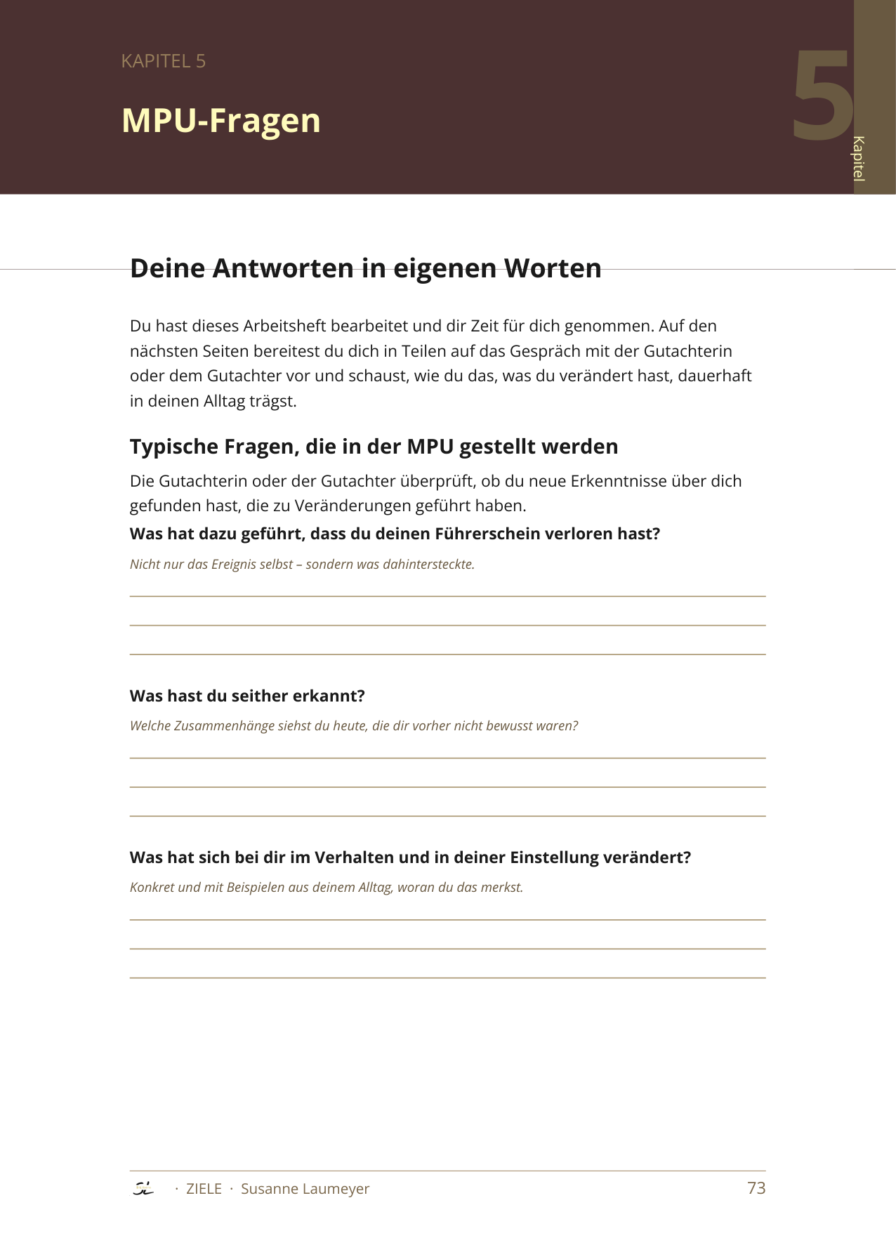 Einblick in das Arbeitsheft Ziele – MPU-Fragen